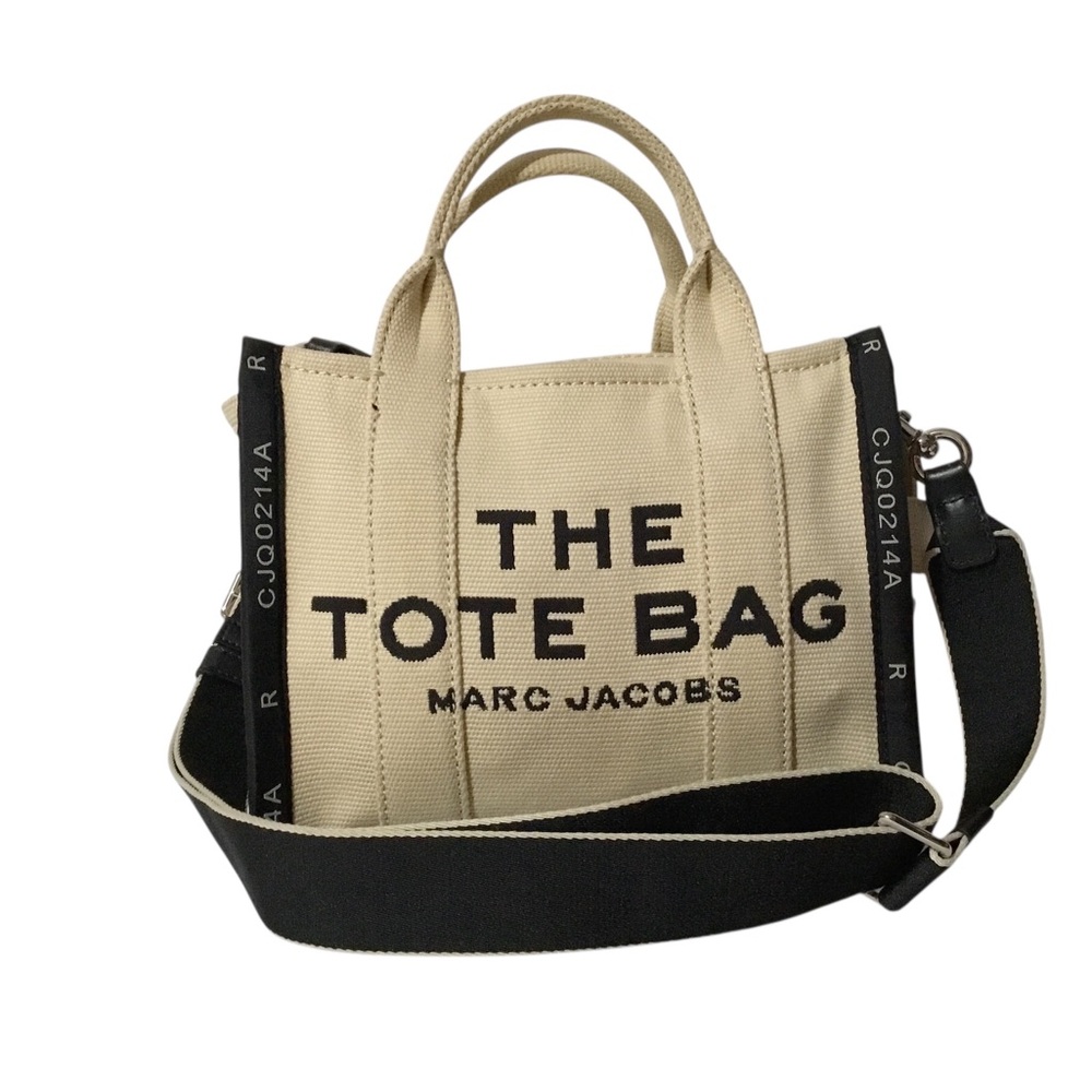 Marc Jacobs Beige Canvas Small Tote with Black Strap and Logo
